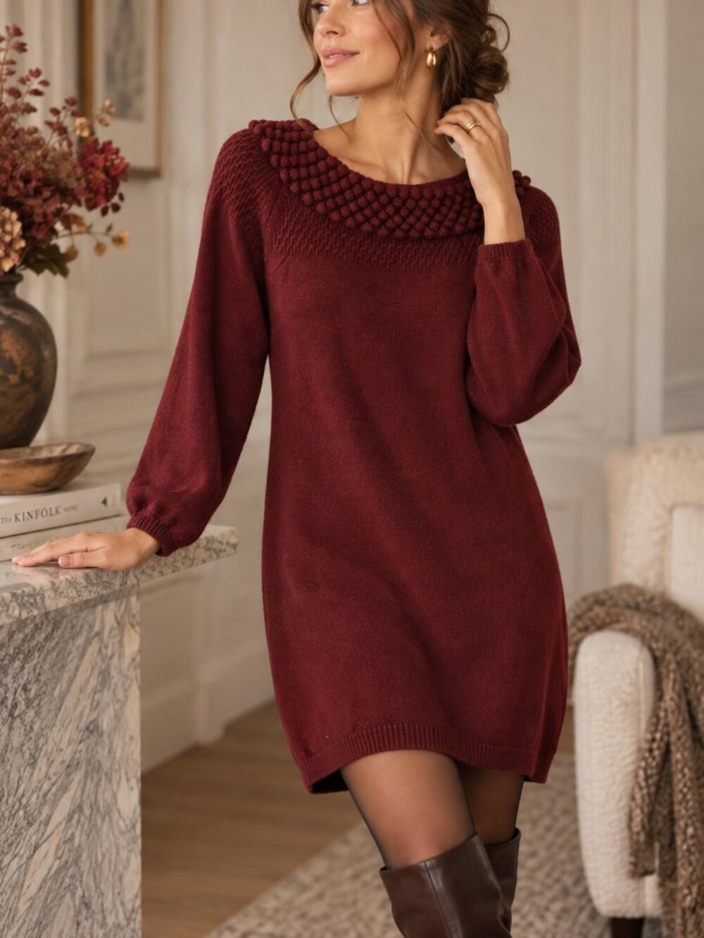 100% Cashmere Bobble Stitch Yoke Sweater Tunic Dress S Burgundy Quiet Luxury EUC